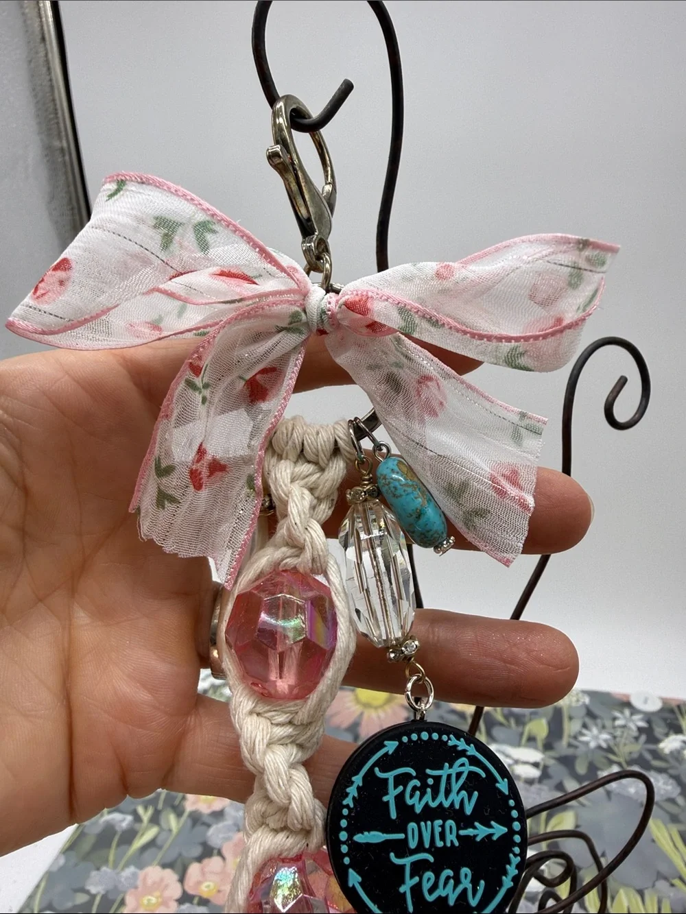 👑Adorned Crown Jewelry purse bag charm keychain Faith over Fear macrame bow